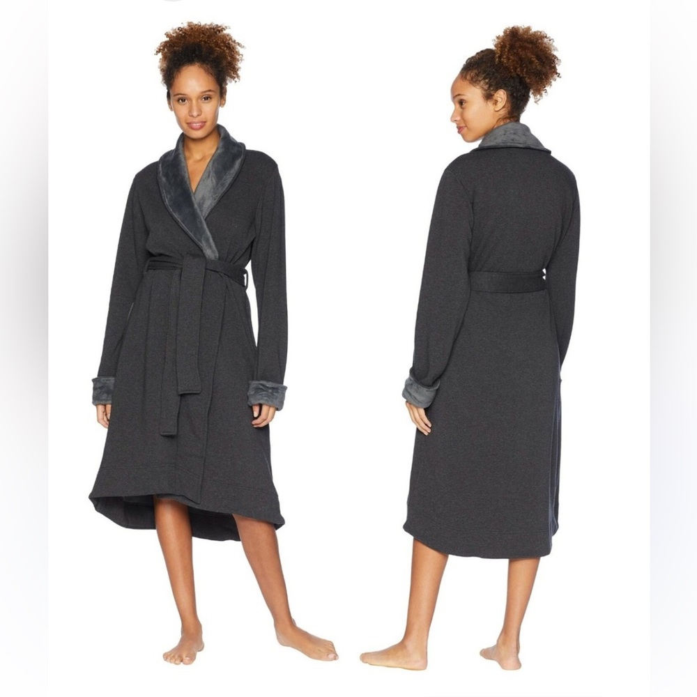 UGG Women Duffield II Fleece Shawl Collar Wrap Cozy Robe Lounge Sleepwear Gray M